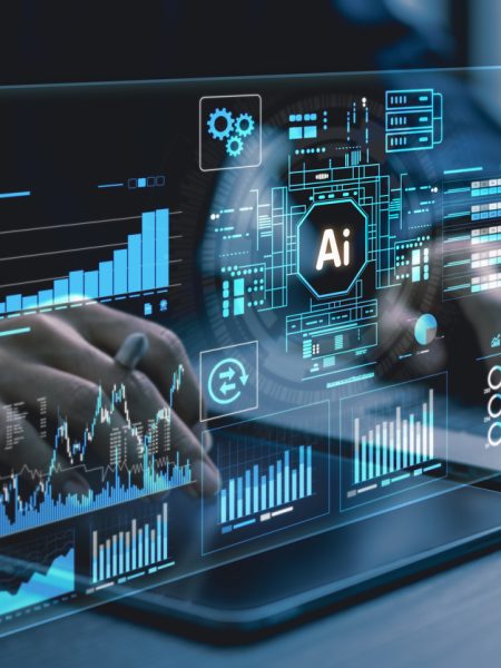 AI, data analysis. Business people use AI to analyze financial related data. big data Complex performance measurement With modern innovative technology