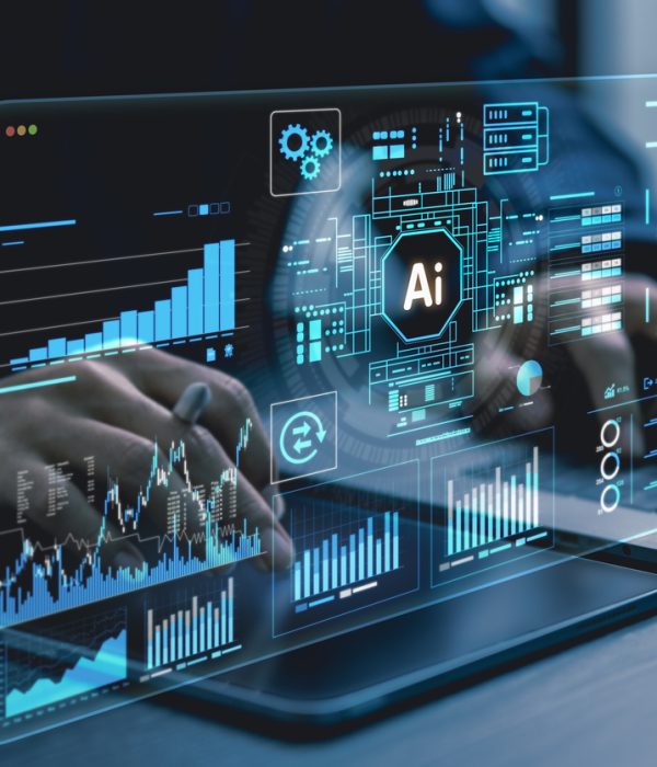 AI, data analysis. Business people use AI to analyze financial related data. big data Complex performance measurement With modern innovative technology